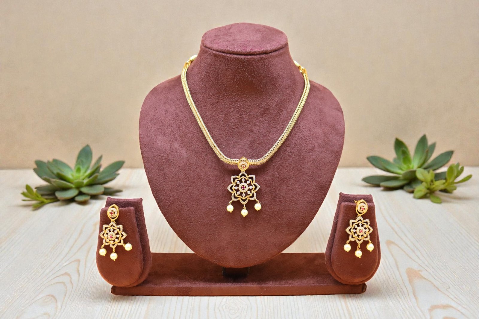 Gold-Plated Floral Mandala Necklace & Earrings Set with Ruby and Pearl Drops