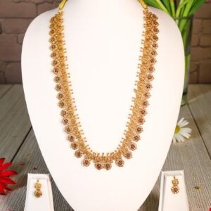 Traditional Antique Gold-Plated Long Haram Necklace Set with Floral Stone Accents