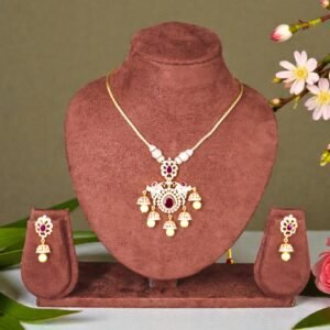 Traditional Gold-Plated Ruby and Pearl Jhumka Pendant Set