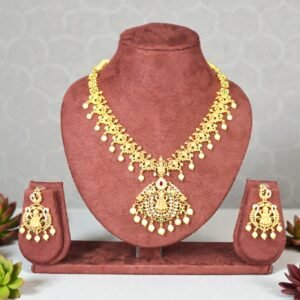Temple Jewelry Inspired Antique Gold-Plated Lakshmi Necklace & Earrings Set