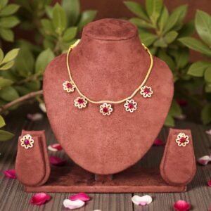 Elegant Crimson Floral Gold-Toned Necklace & Earring Set