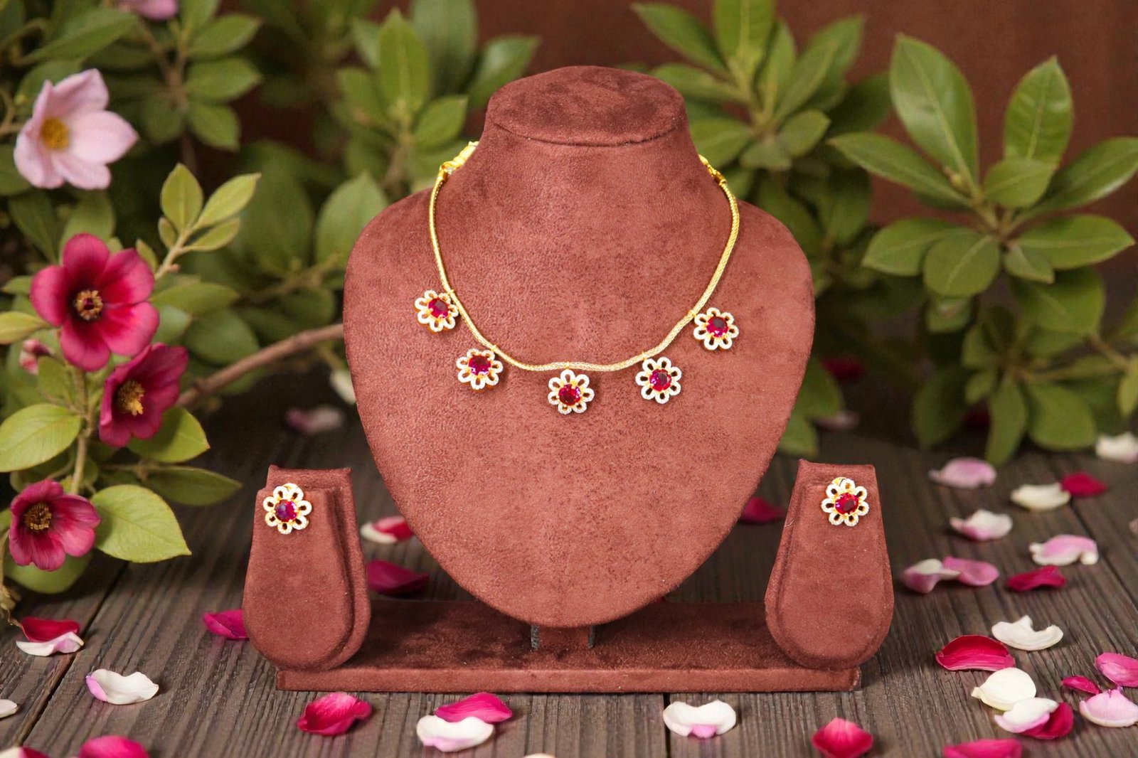 Elegant Crimson Floral Gold-Toned Necklace & Earring Set