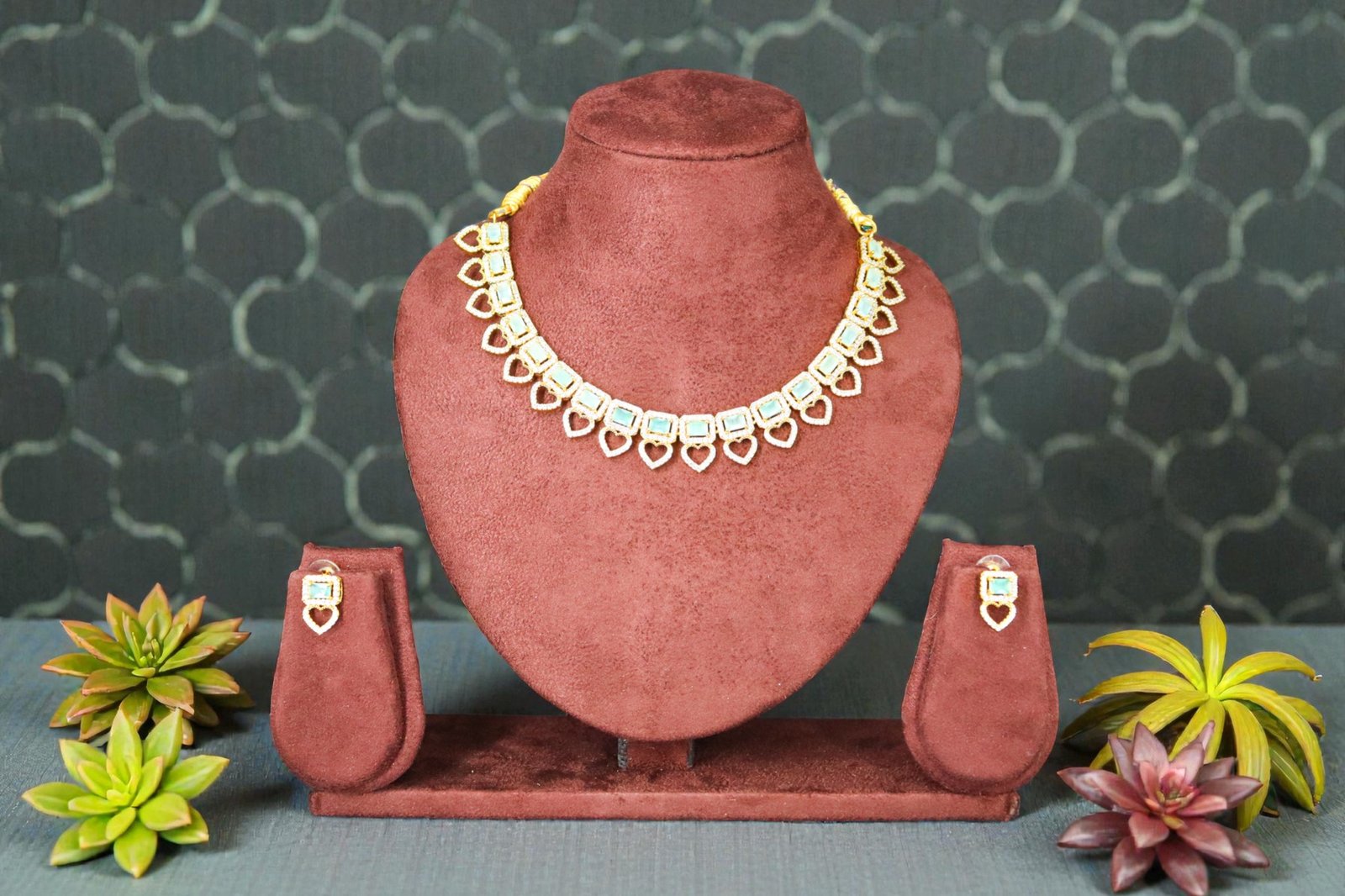 Elegant Heart-Drop Mint Green & American Diamond Choker Necklace Set