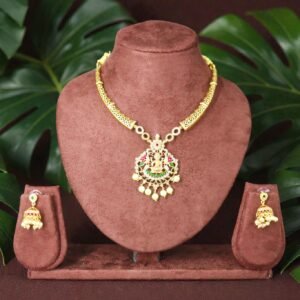Antique Gold-Plated Lakshmi Temple Necklace Set with Matching Jhumkas