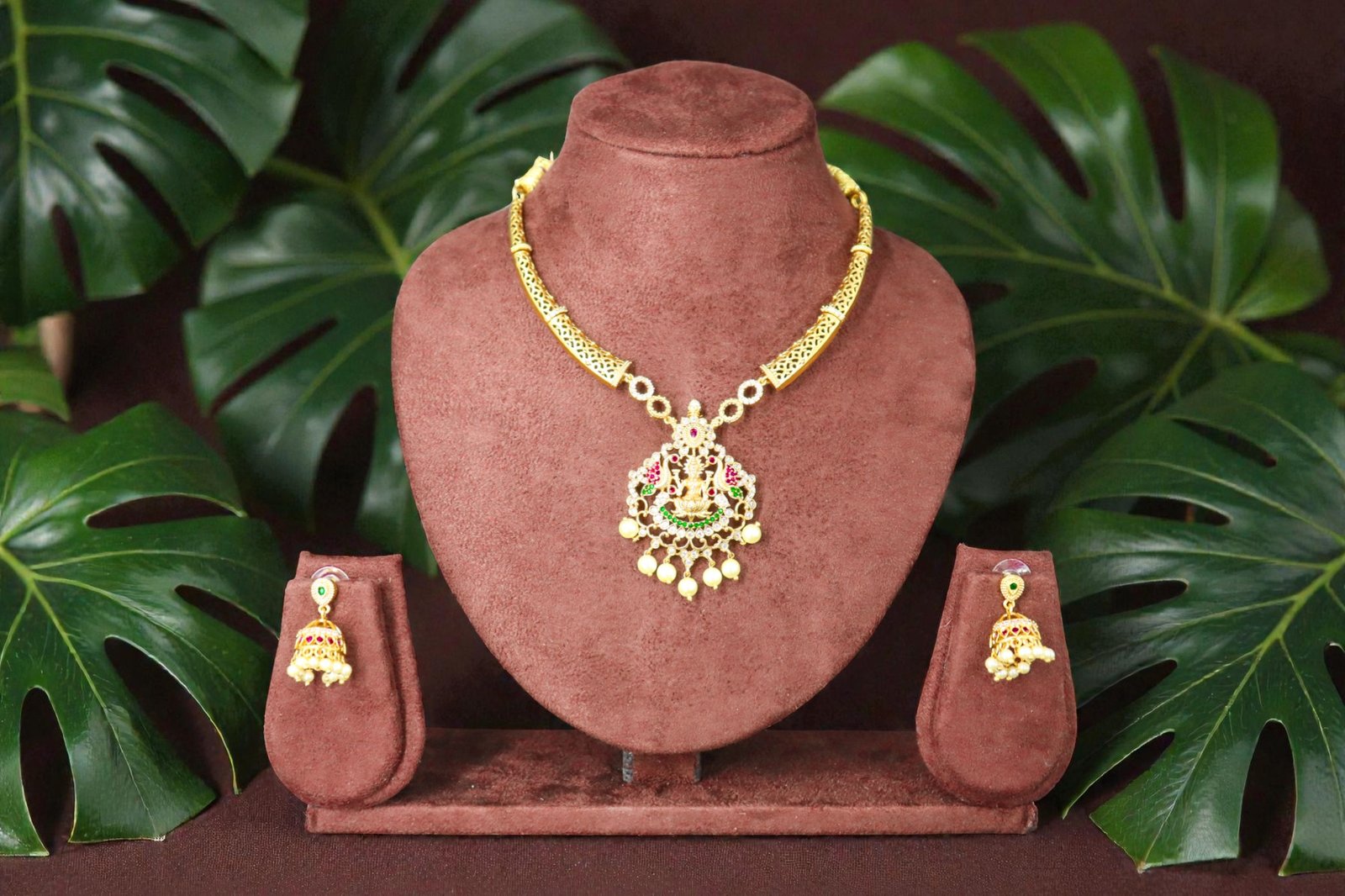 Antique Gold-Plated Lakshmi Temple Necklace Set with Matching Jhumkas