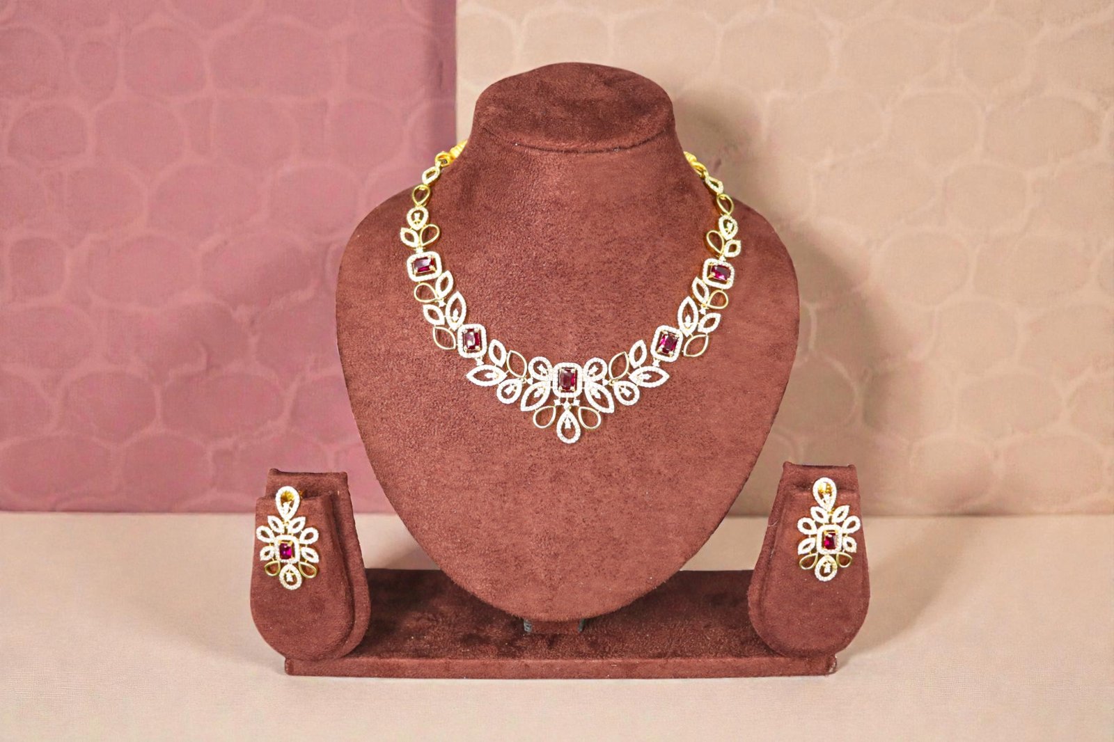 Royal Crimson Floral Necklace Set with Matching Drop Earrings