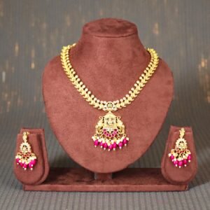 Traditional Gold-Plated Temple Jewelry Set – Goddess Lakshmi Pendant with Ruby & Pearl Drops