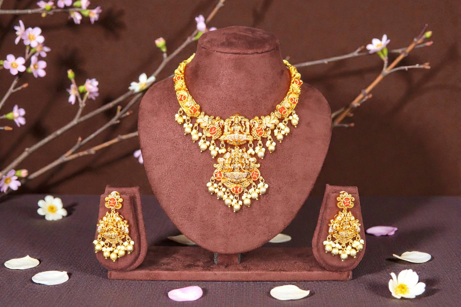 Divine Lakshmi Temple Jewelry Set – Gold-Plated Nakshi Choker & Jhumka Earrings