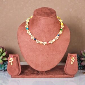 Ethereal Rainbow Flora: Multi-Color Stone Gold-Plated Necklace & Earring Set