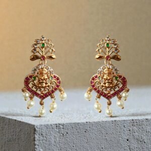 Divine Lakshmi Earrings with Kemp Stones and Pearl Droplets