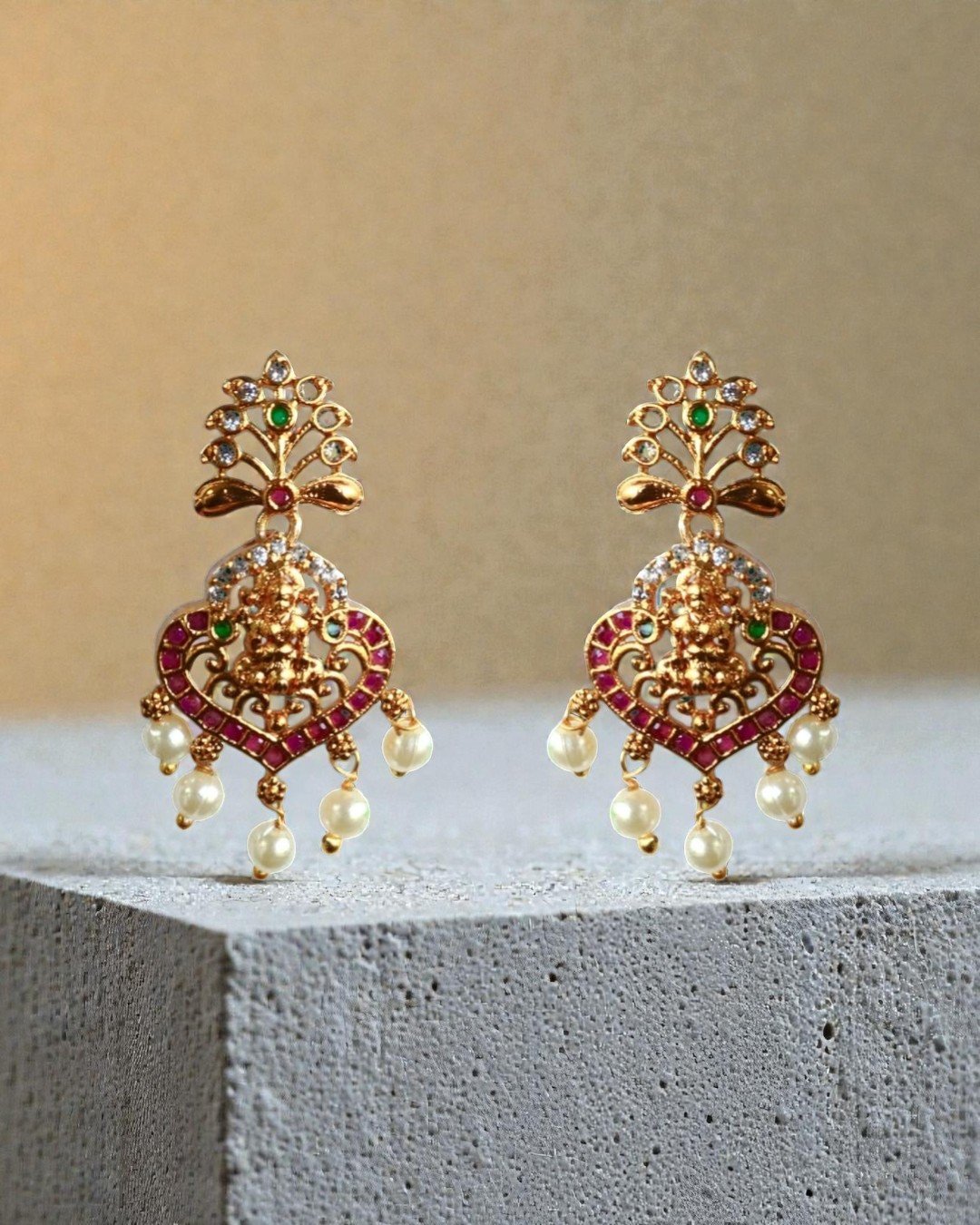 Divine Lakshmi Earrings with Kemp Stones and Pearl Droplets