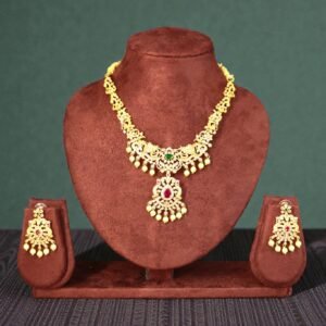 Traditional Gold-Plated Emerald and Ruby Studded Necklace Set with Matching Jhumkas