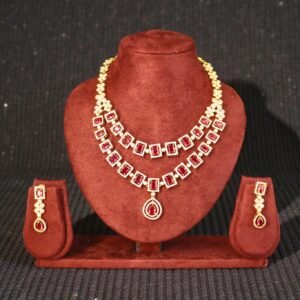 Elegant Dual-Layer Ruby-Red Stone Choker Set with Teardrop Pendant and Matching Drop Earrings