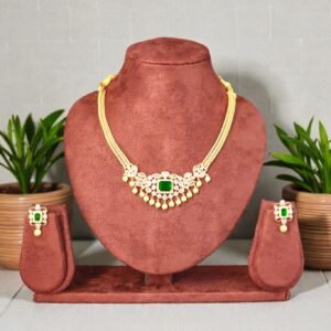 Royal Emerald-Green Stone & Gold-Finished Choker Set with Pearl Accents
