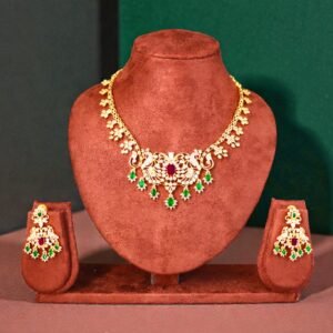 Regal Peacock Temple Jewelry Set – Gold-Plated Necklace & Drop Earrings
