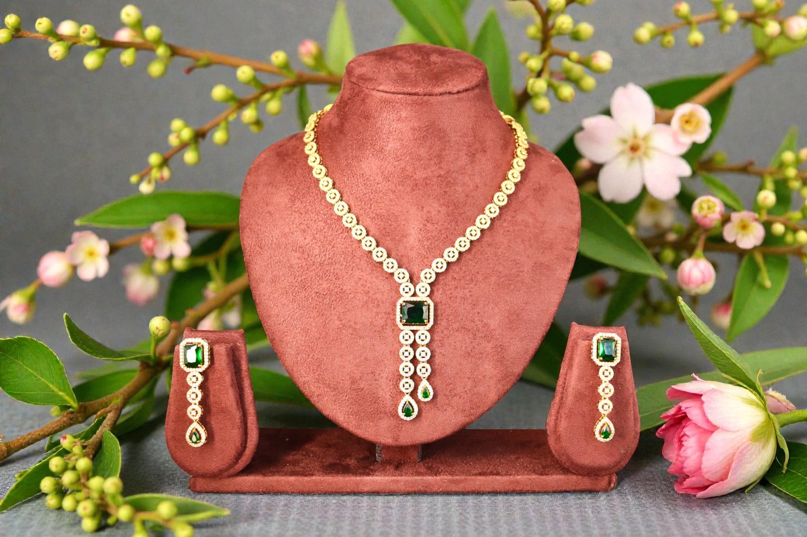 Regal Emerald Green & Gold Lace Pendant Jewelry Set