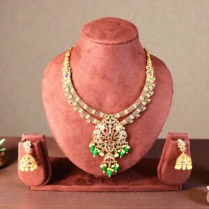 Majestic Heritage Gold-Plated Matte Finish Necklace Set with Jhumka Earrings