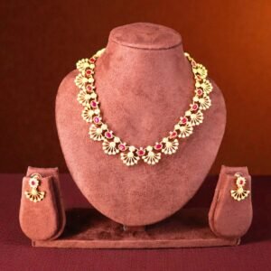 Regal Fan-Motif Ruby & Gold-Plated Necklace Set
