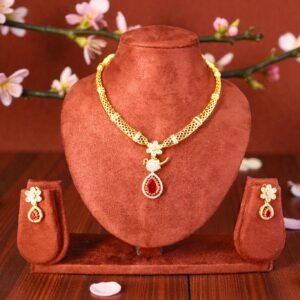 Majestic Ruby-Red & Gold Filigree Necklace Set with Floral Accents