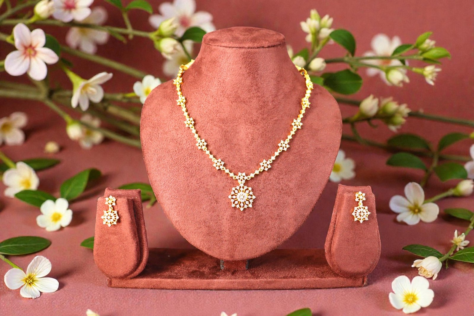 Elegant Floral Mandala Gold-Plated Necklace & Earrings Set
