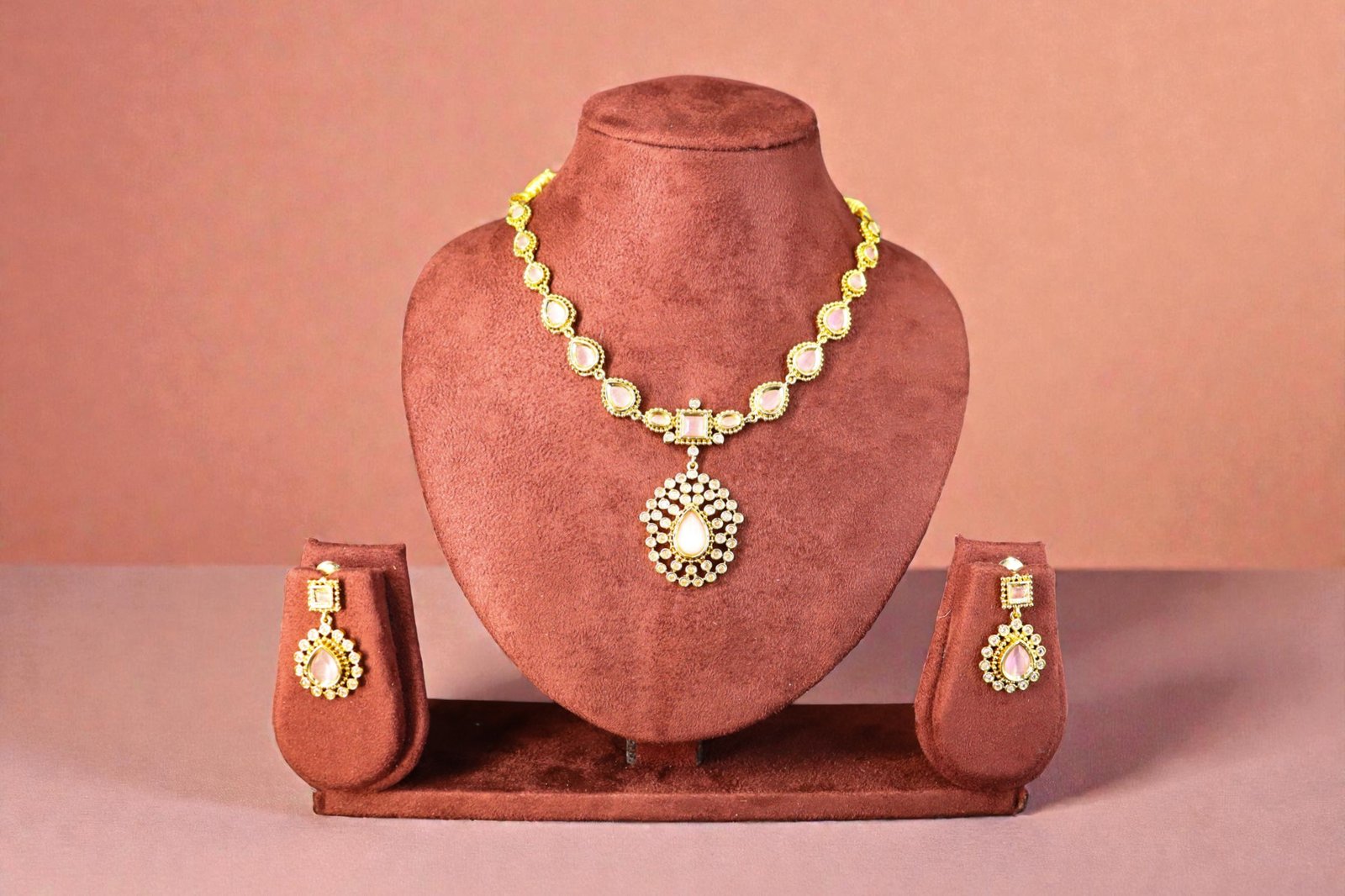 Elegant Rose-Gold Tone Kundan & Pink Stone Necklace Set