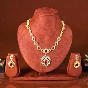 Elegant Ruby & White Stone Gold-Plated Necklace Set