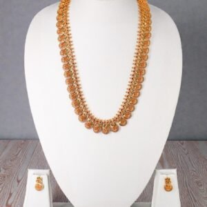 Traditional Lakshmi Kasu Mala Long Necklace Set with Matching Earrings