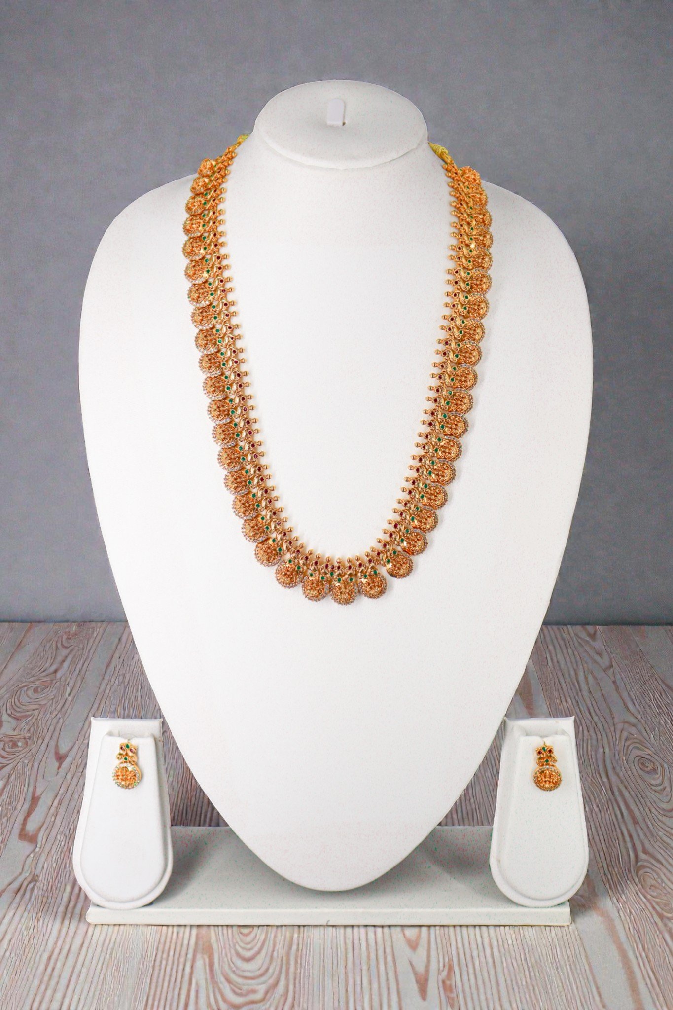 Traditional Lakshmi Kasu Mala Long Necklace Set with Matching Earrings