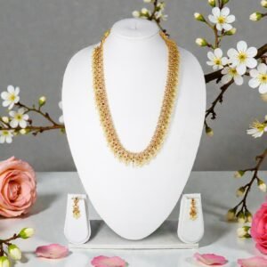 Traditional Gold-Plated Long Haram Necklace Set with Emeralds, Rubies, and Pearl Droplets