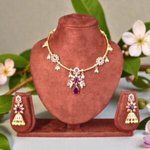 Elegant Amethyst & Pearl Gold-Plated Jhumka Jewelry Set