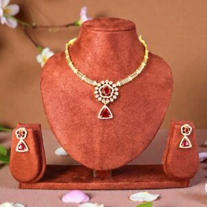 Elegant Gold-Plated Ruby-Red Floral Choker Necklace Set