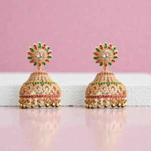 Floral Multi-Stone Jhumka Earrings with Gold Bead
