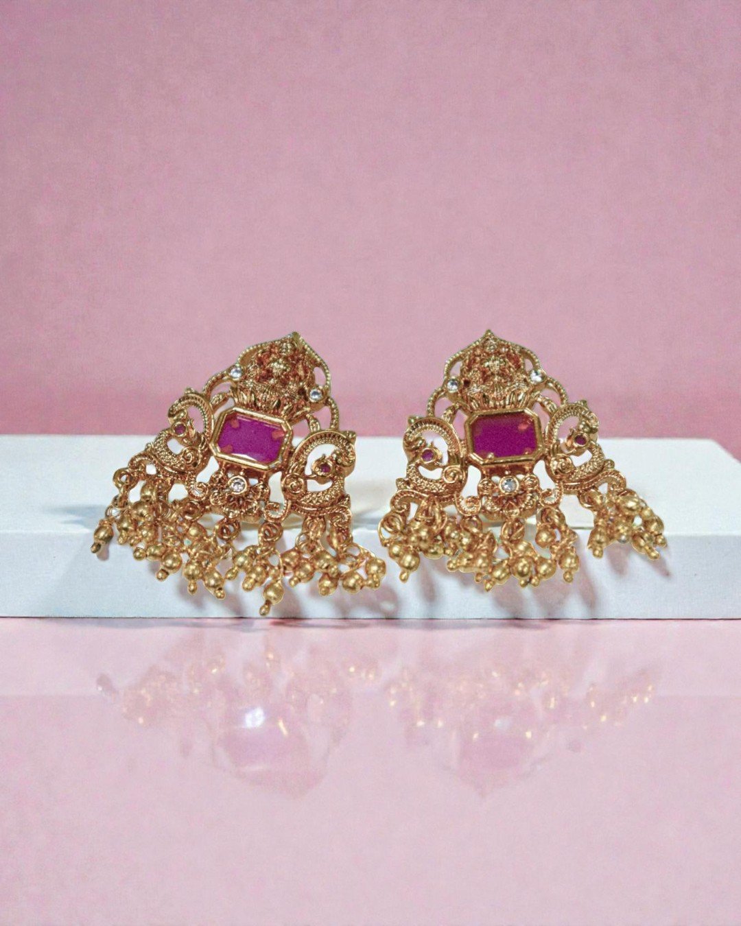 Gold-Plated Statement Studs with Ruby and Guttapusalu Droplets