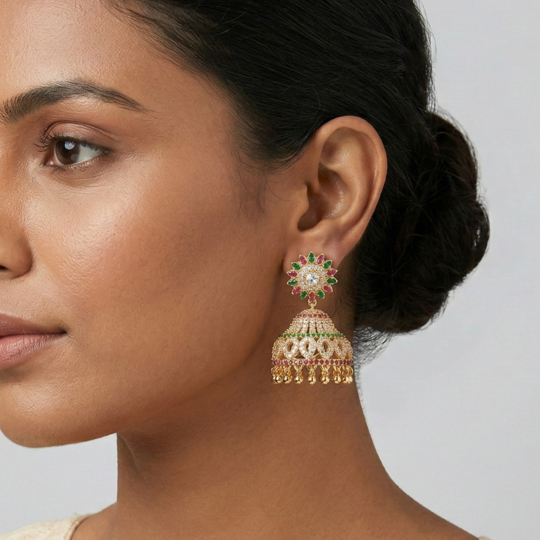 Floral Multi-Stone Jhumka Earrings with Gold Bead - Image 2