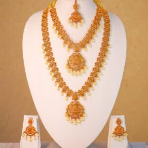 Traditional Gold-Plated Temple Jewelry Set with Lakshmi Motifs – 5-Piece Bridal Collection